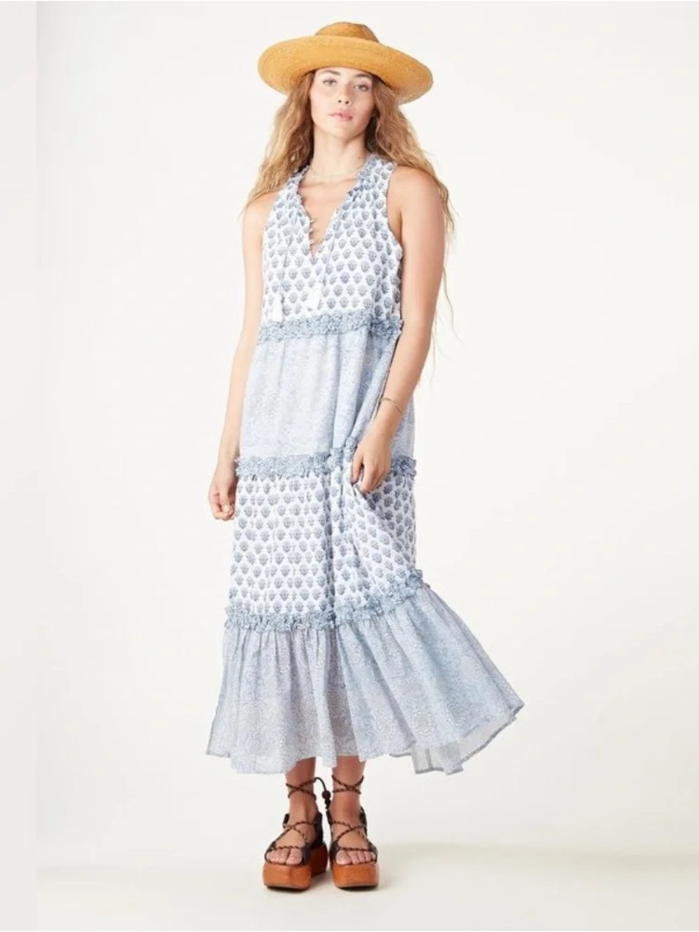 Cleobella Maddelyn Ankle Dress Hydrangea Mix Print Blue and White Maxi Dress